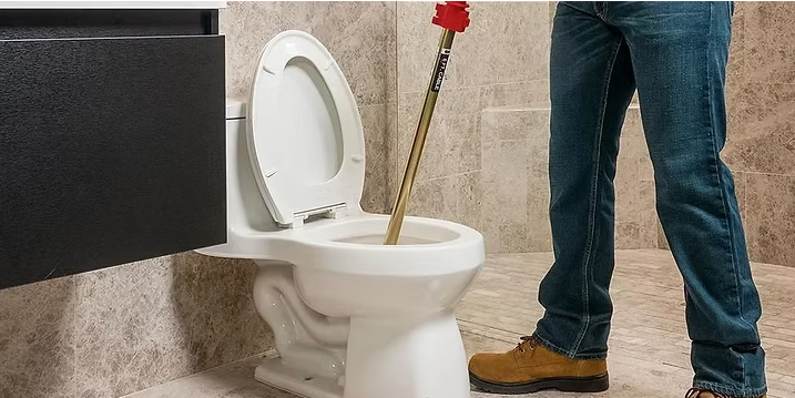 A man is cleaning a toilet with a plunger.