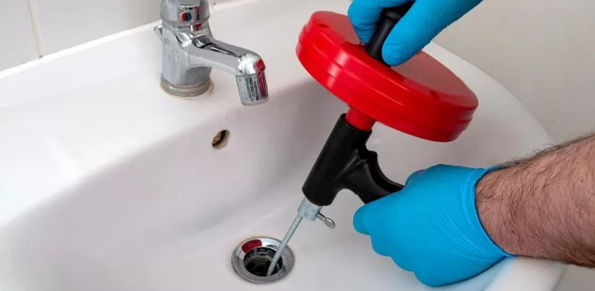 A person is using a snake to unblock a sink drain.