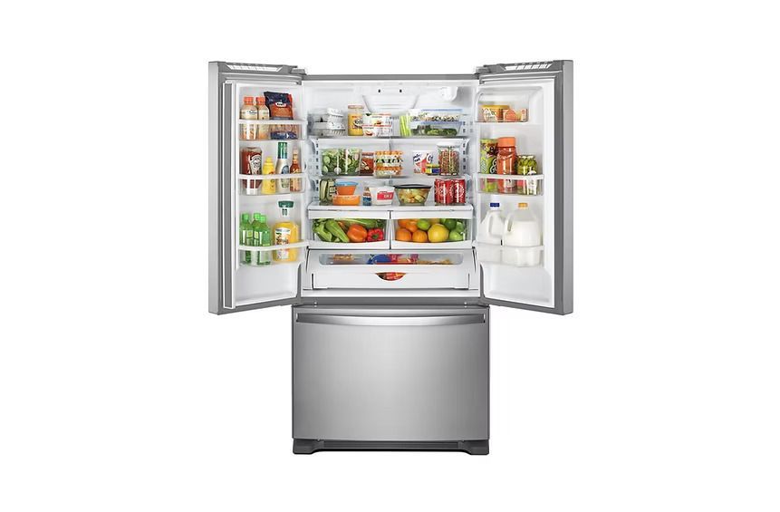 A stainless steel refrigerator with its doors open and filled with food.