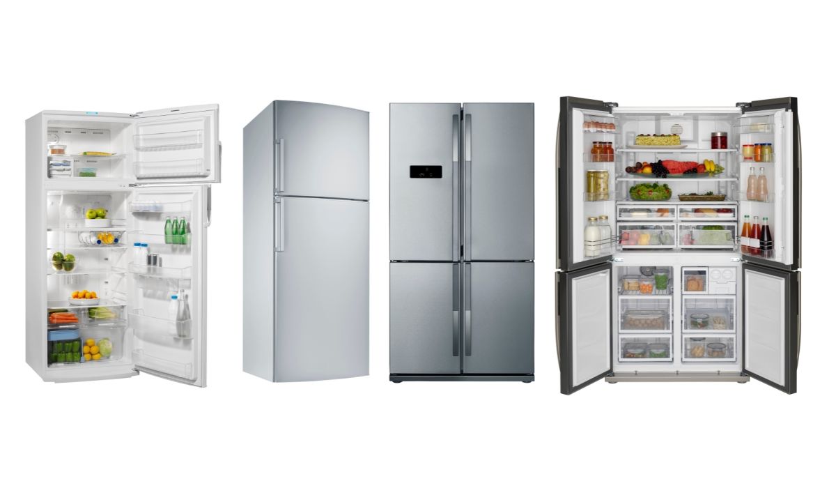 Three refrigerators are lined up next to each other on a white background.