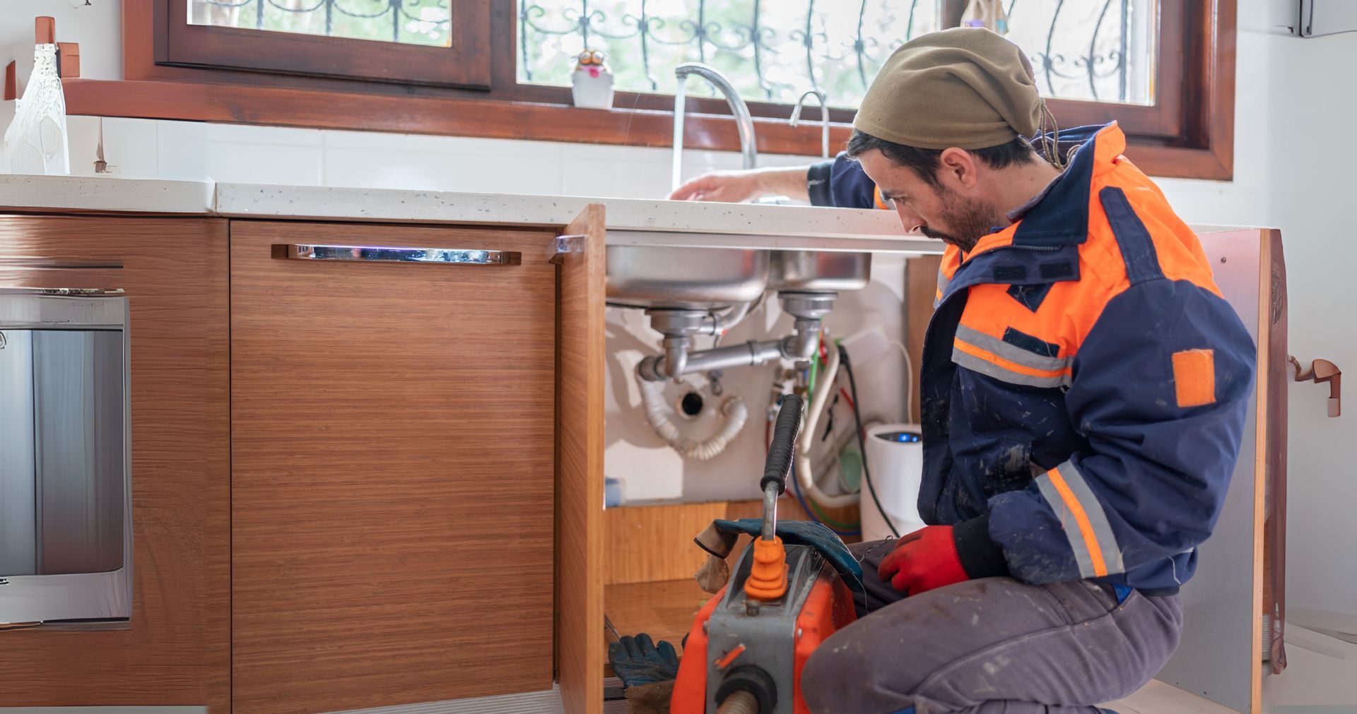 A plumber is fixing a sink in a kitchen.