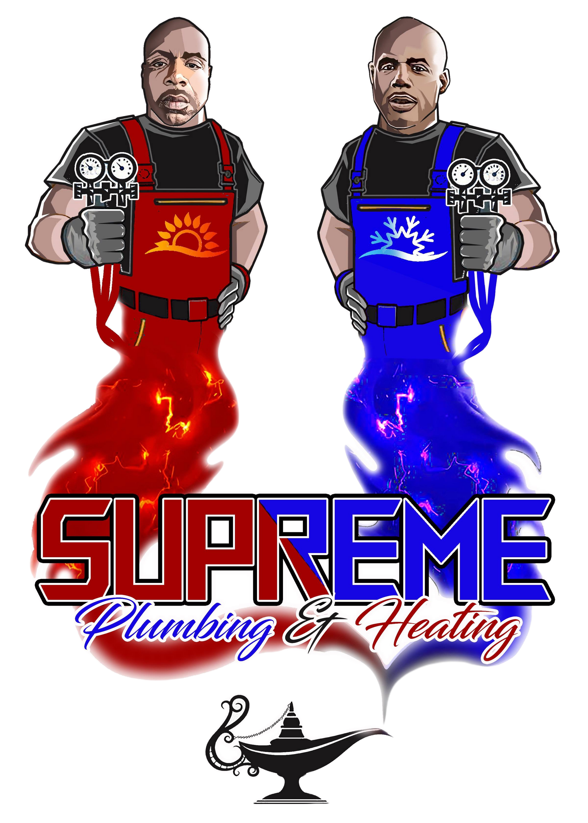 A logo for supreme plumbing and heating with two men holding a hose.