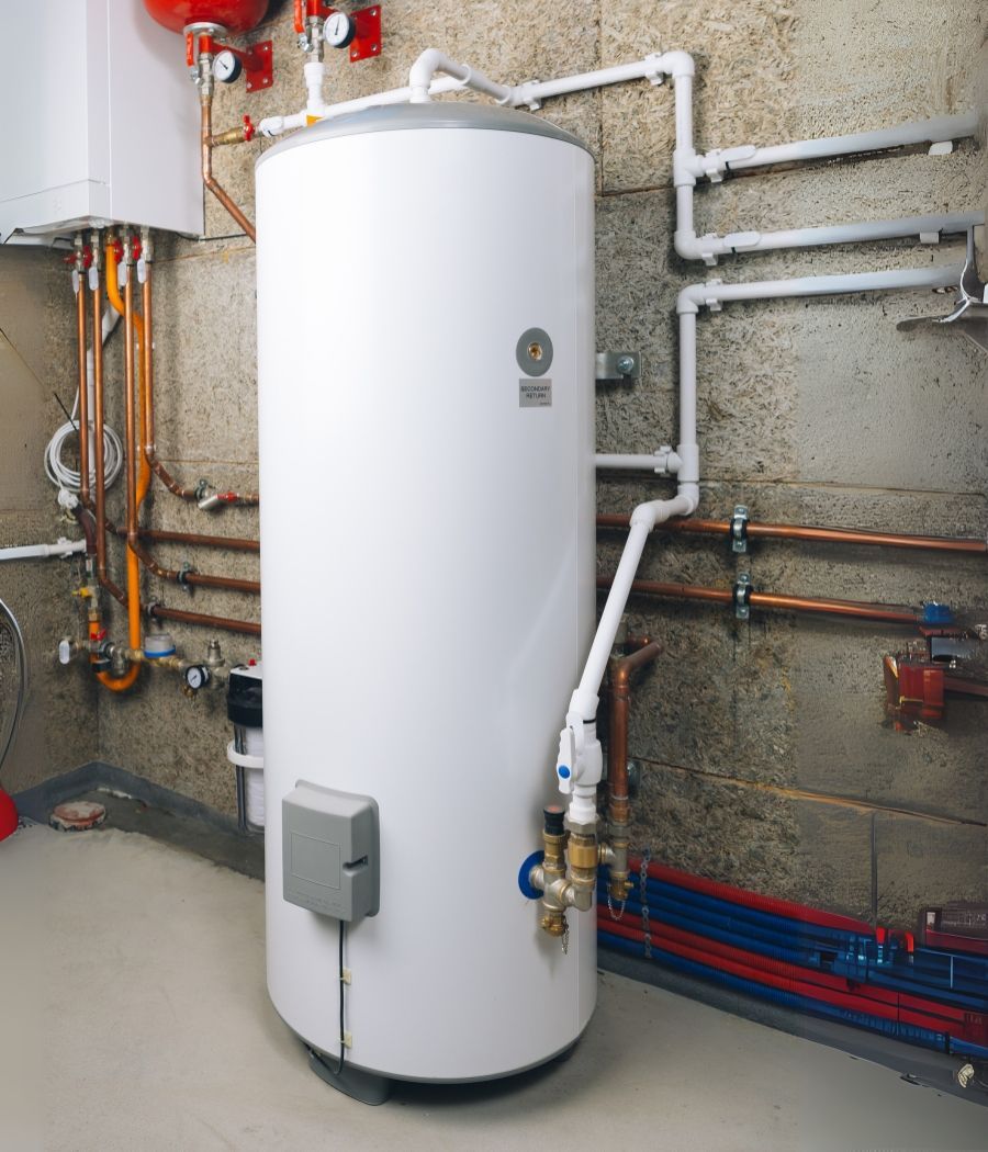 A white water heater is sitting in a room with pipes.