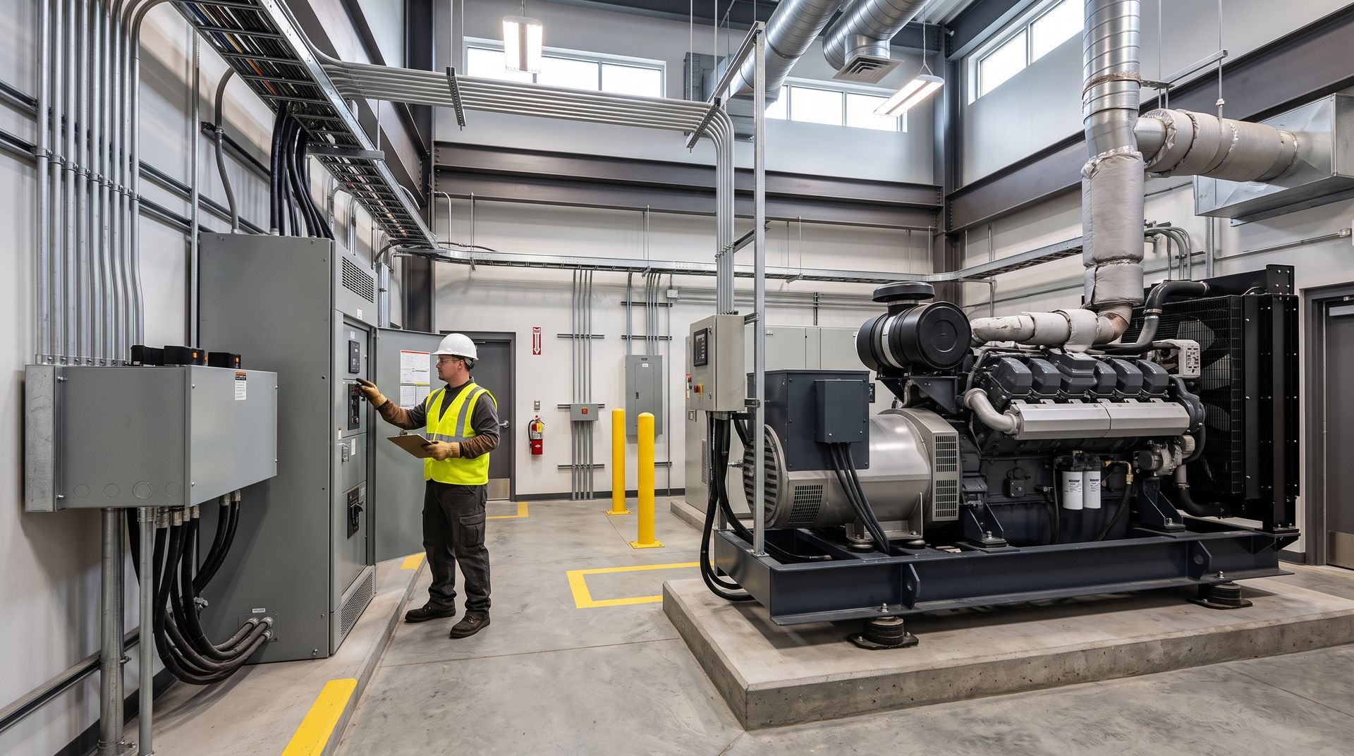 Technician in hi-vis vest inspecting industrial equipment in a bright mechanical room