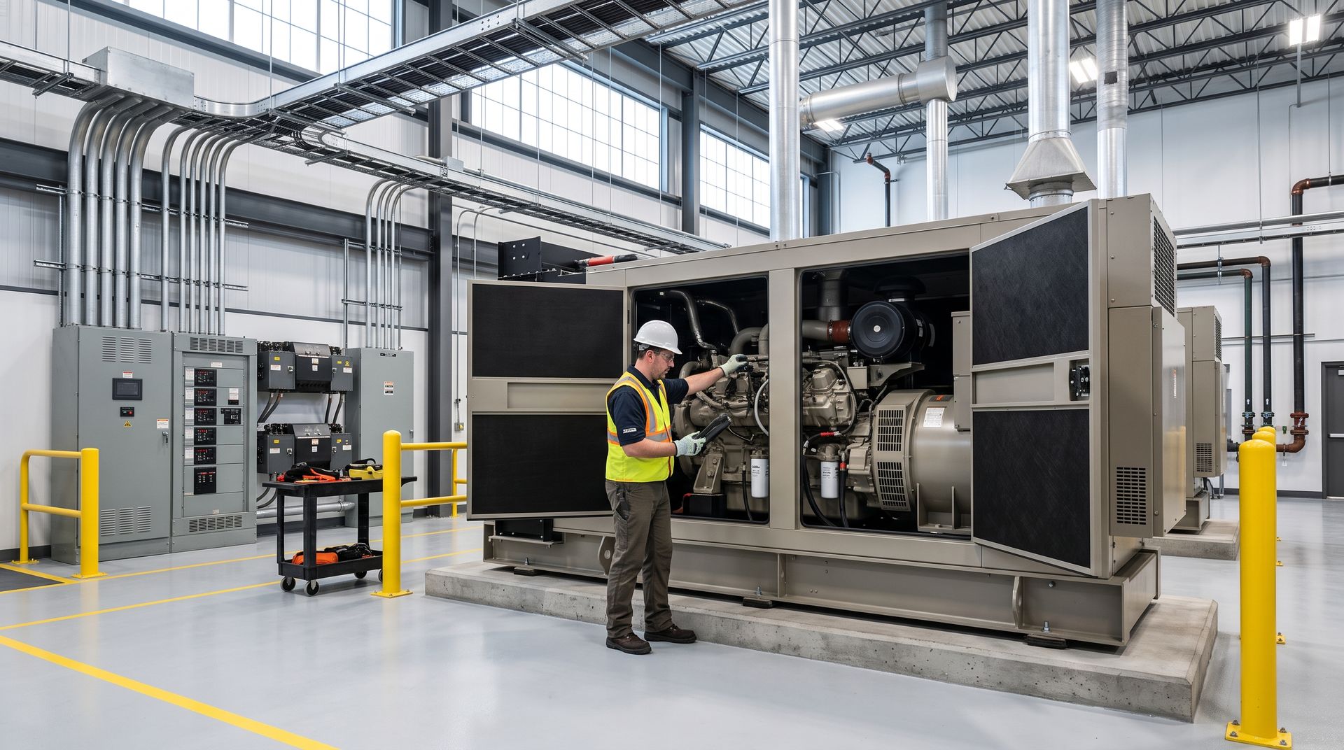 Technician inspecting large industrial generator in a bright factory facility