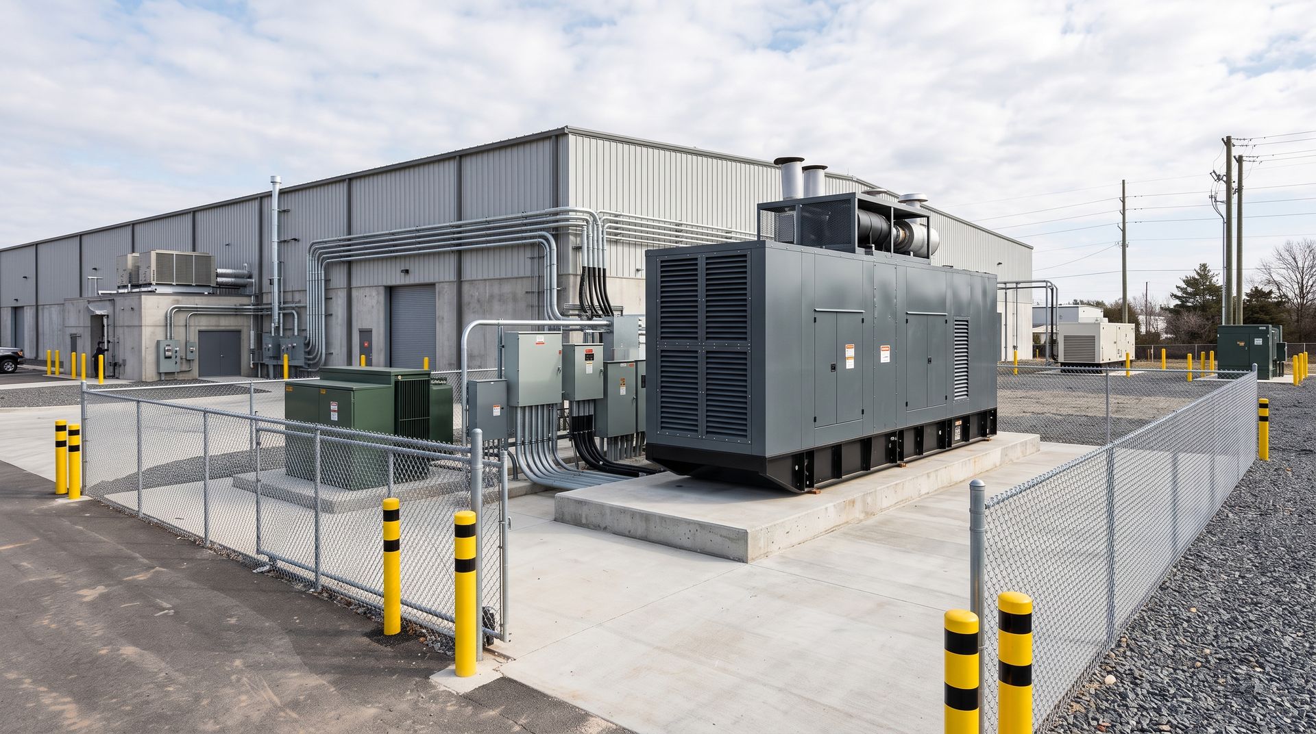 Industrial building with fenced equipment yard and large gray generator units outdoors
