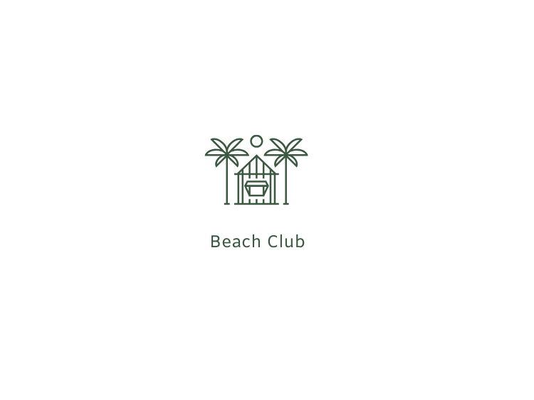 A line drawing of a beach club with palm trees and a hut.