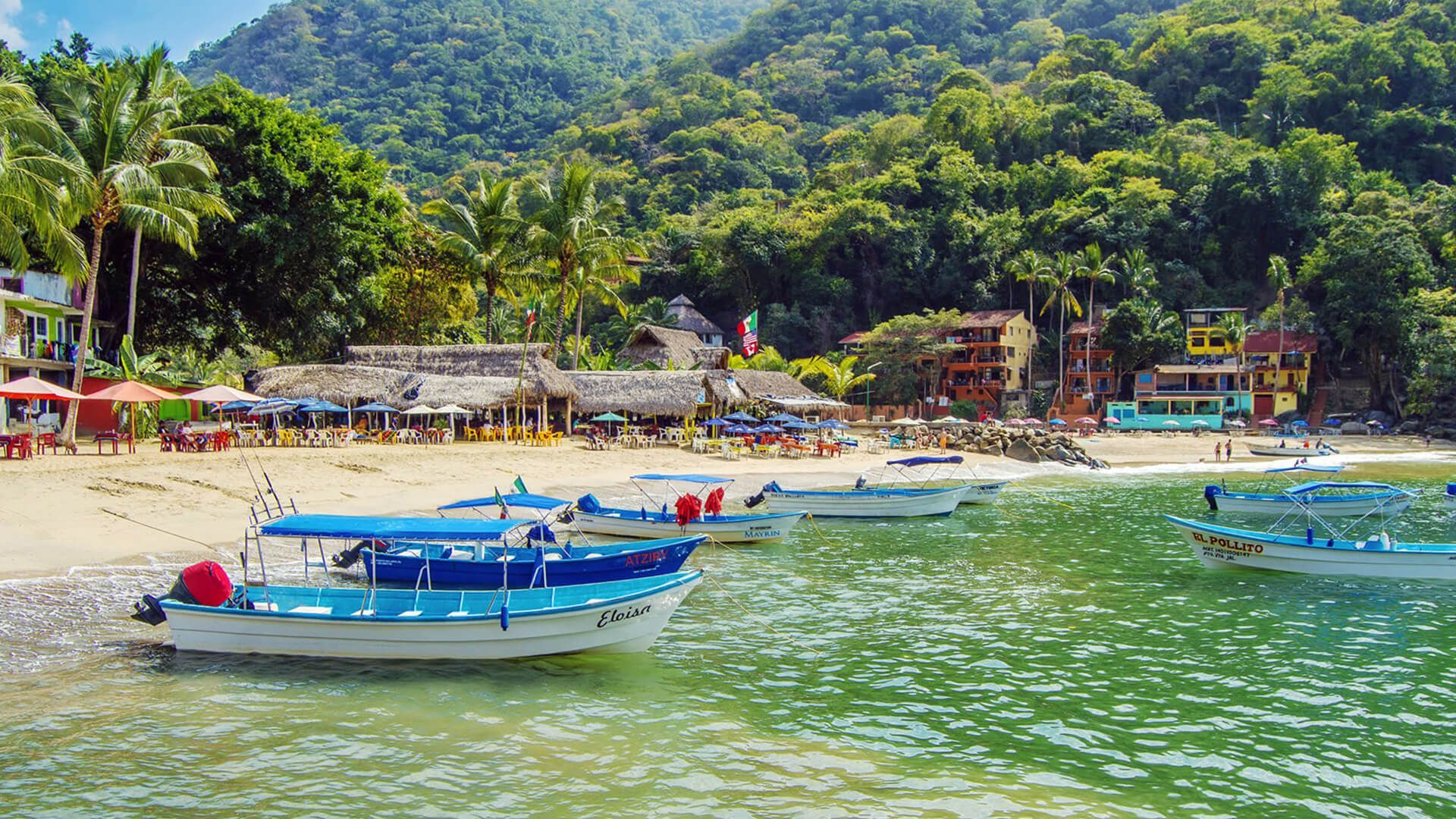 Una fila de barcos están atracados en el agua cerca de una playa.