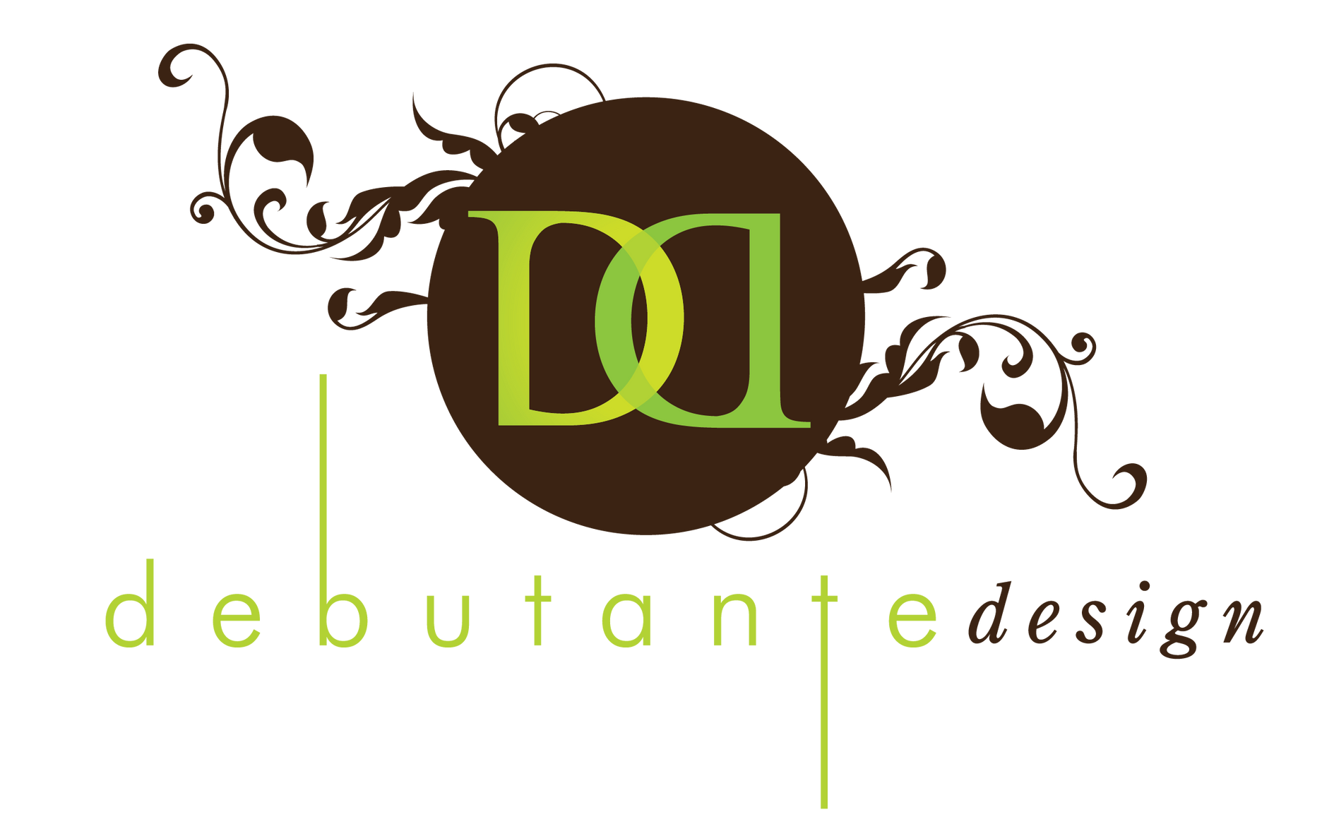 A logo for debutante design with a brown circle and green lettering