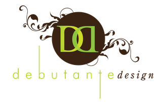 A logo for debutante design with a brown circle and green lettering