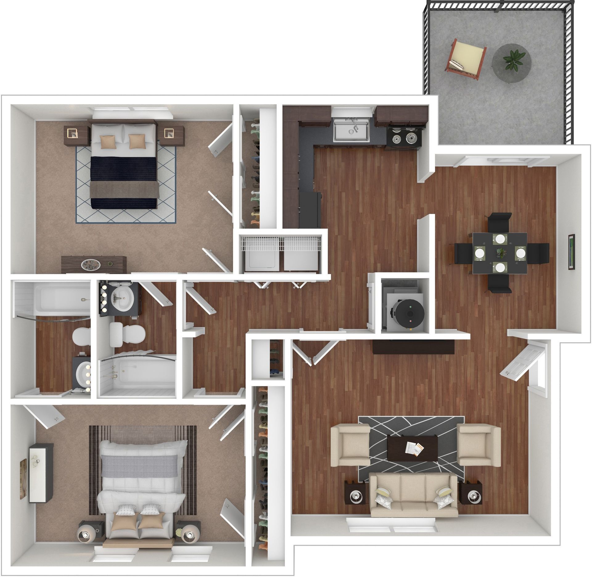 Top-down apartment floor plan with bedroom, bathroom, kitchen, living room, dining area, and a small balcony.