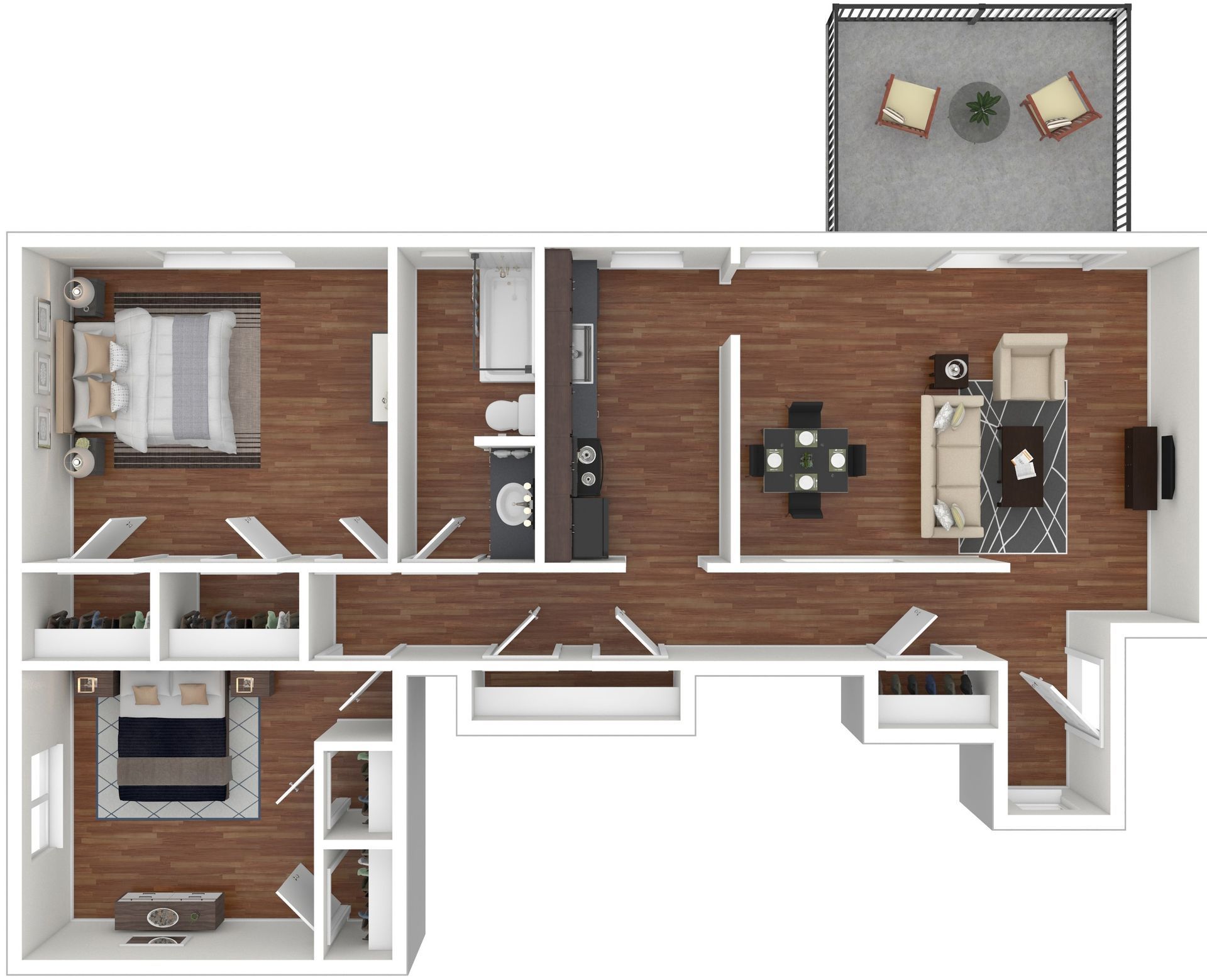 Top-down apartment floor plan with bedroom, bathroom, kitchen, living room, and balcony.