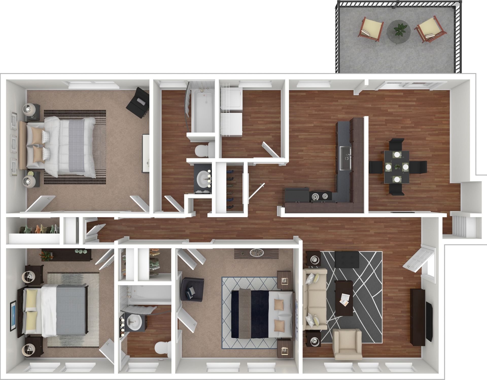 3D floor plan of a modern apartment with wood floors, multiple bedrooms, kitchen, living room, and balcony.