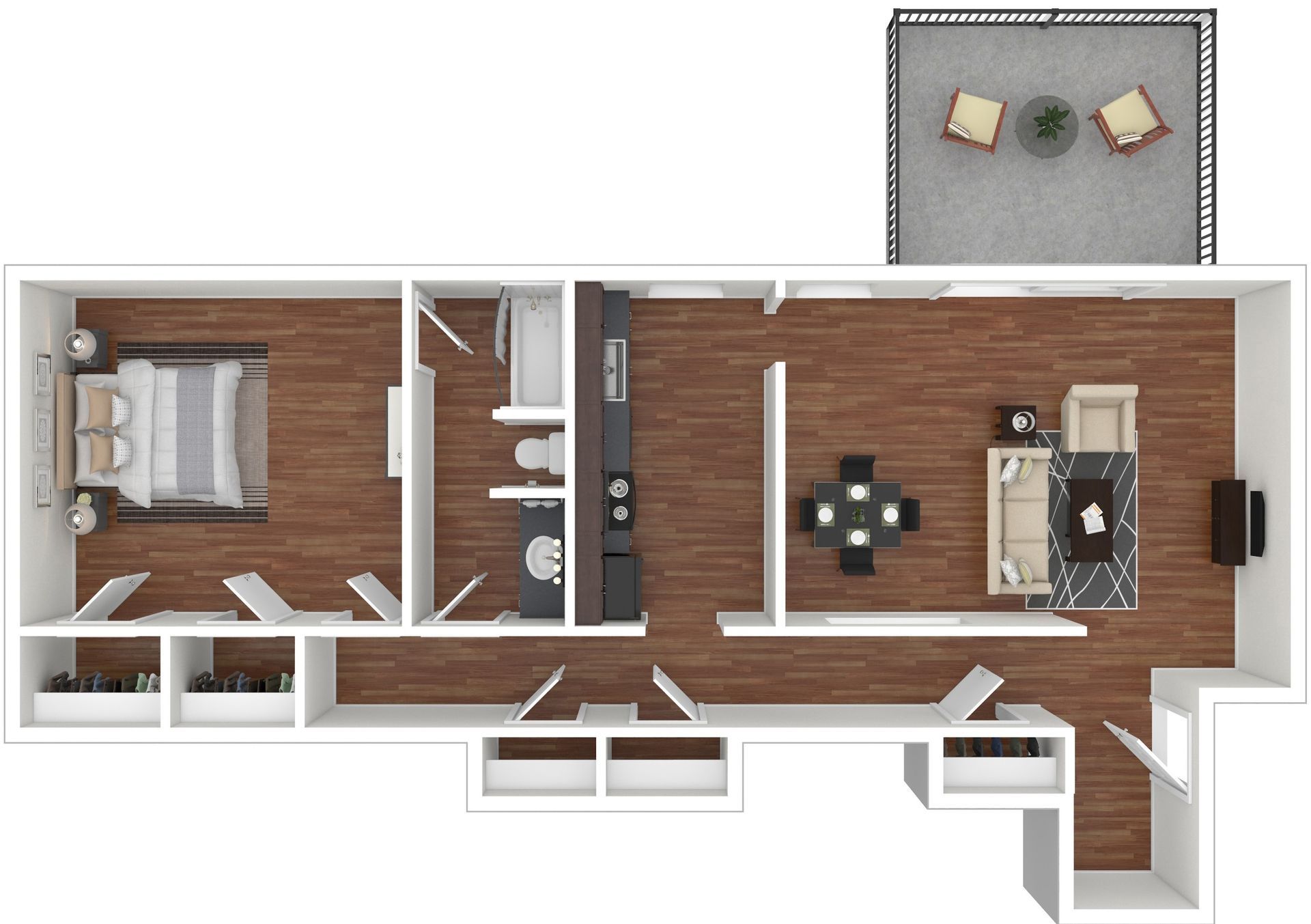 Top-down floor plan of a small apartment with bedroom, bathroom, living room, kitchen, and balcony.
