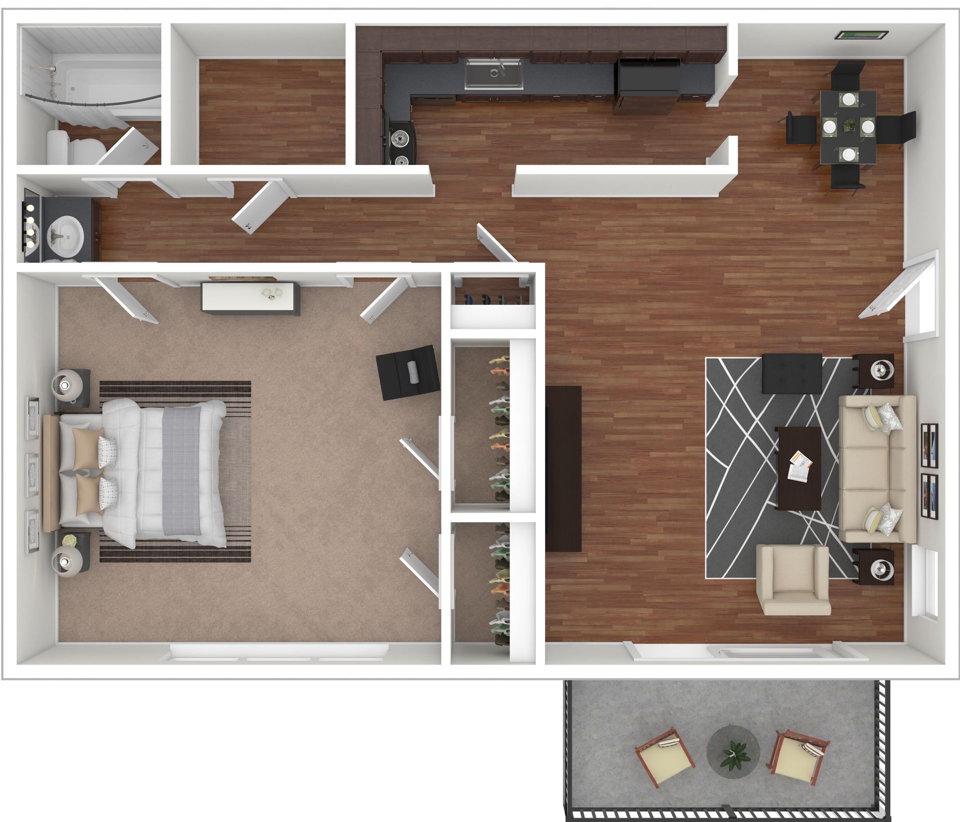 Top-down floor plan of a modern apartment with bedroom, living area, kitchen, bath, and balcony.
