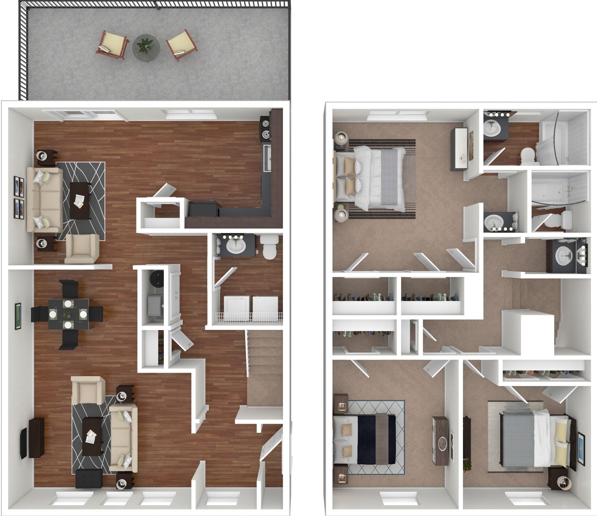 Top-down 3D floor plan of a furnished apartment with living room, kitchen, bath, bedroom, and balcony.