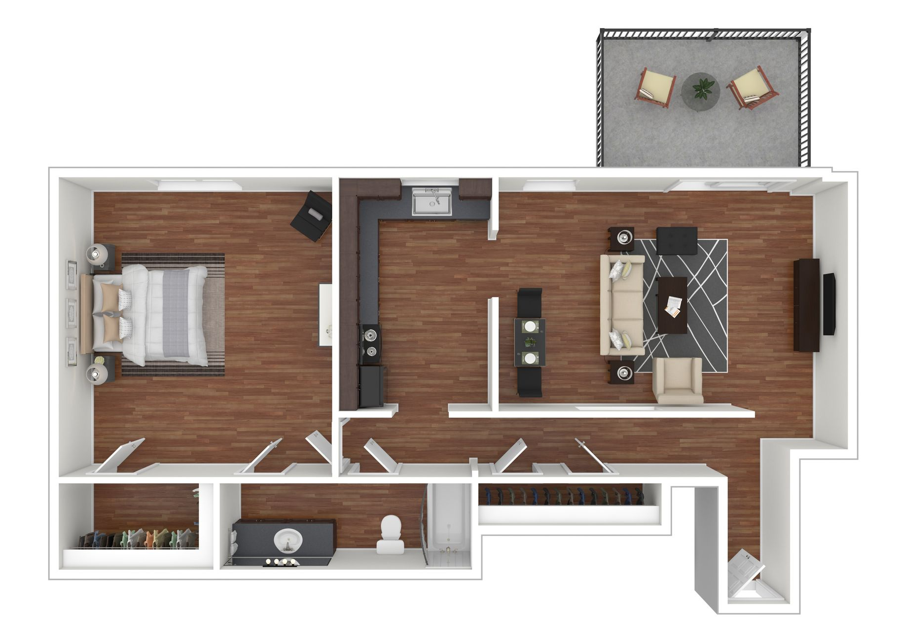 Top-down apartment floor plan with bedroom, kitchen, living area, and patio.