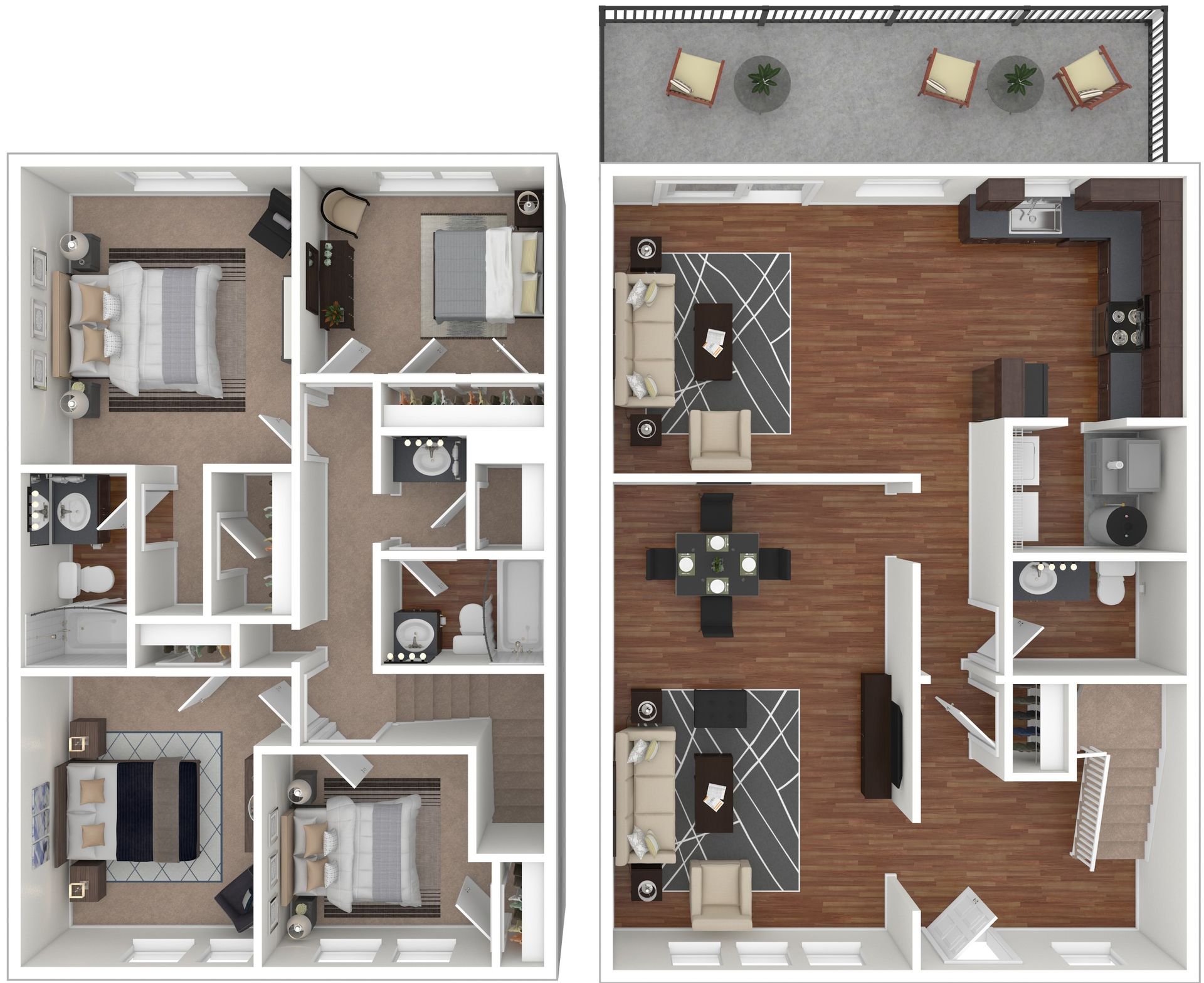 Top-down view of a two-unit apartment floor plan with bedrooms, bathrooms, living areas, and kitchens.