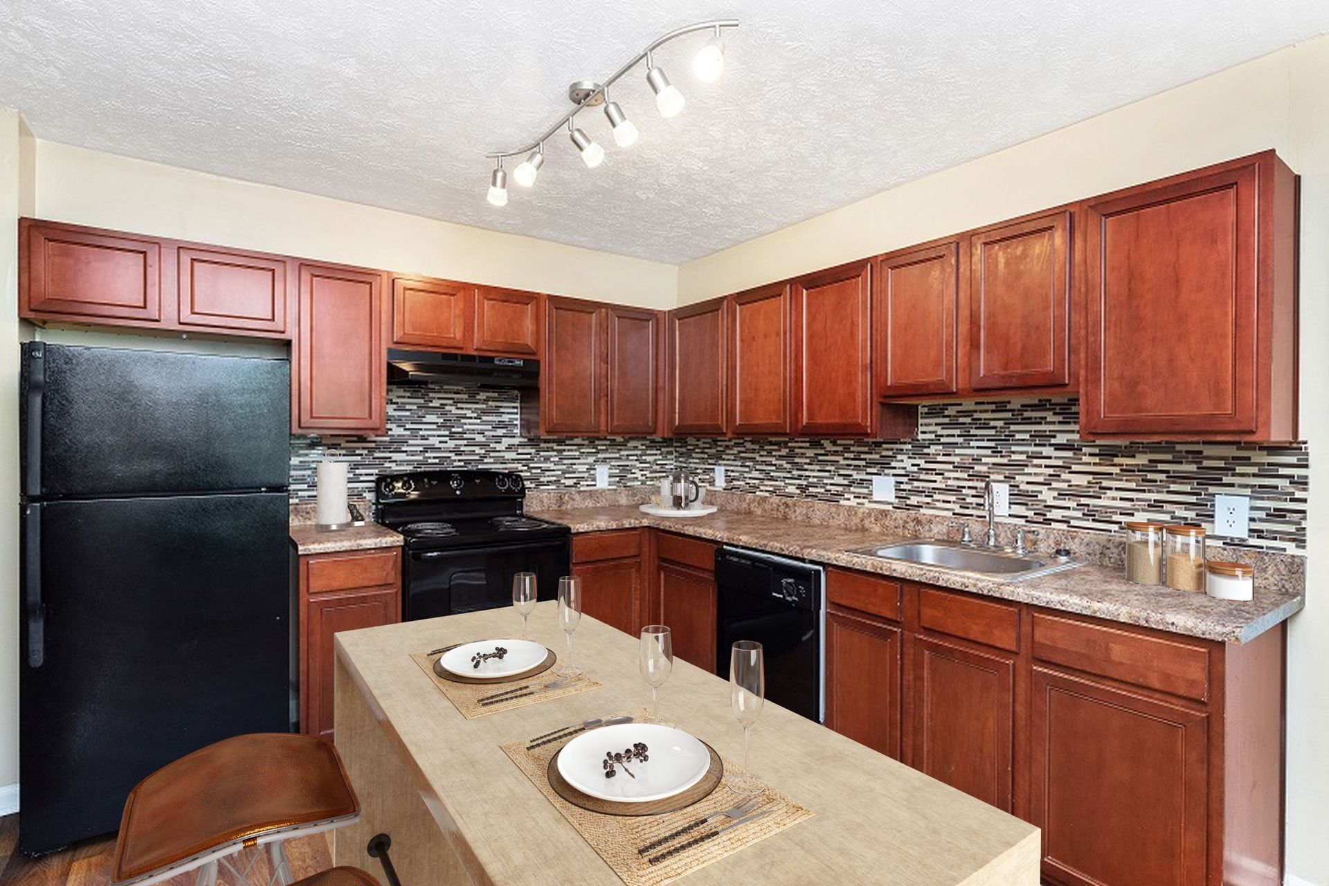 kitchen with mosaic tlle backsplash and wood cabinets 