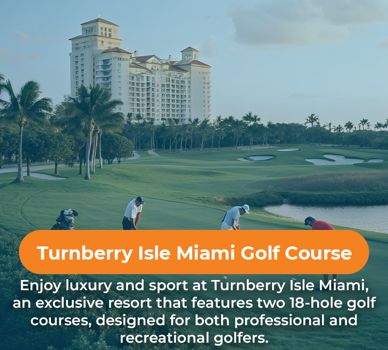 Golfers playing at Turnberry Isle Miami golf course, set in a luxury resort with a large building and palm trees.