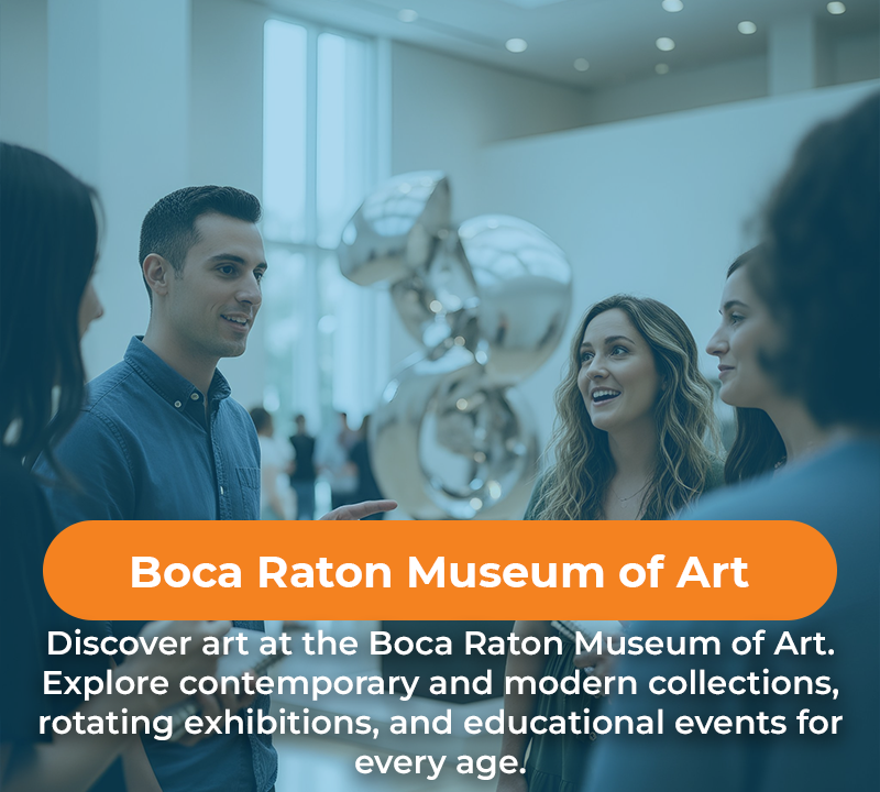 People looking at art in Boca Raton Museum of Art. Text says 