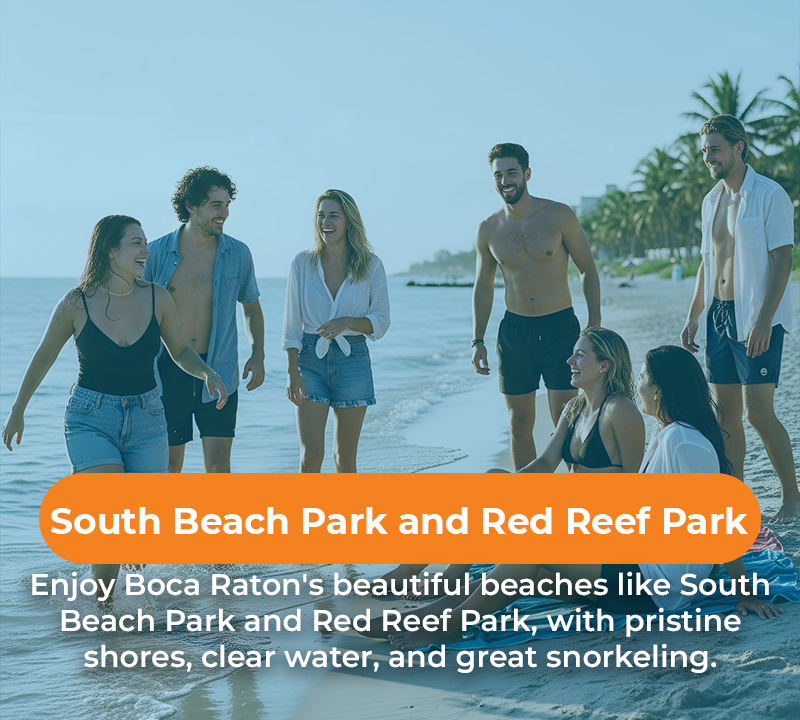 Group of people at the beach in Boca Raton. Text overlay: South Beach Park and Red Reef Park.