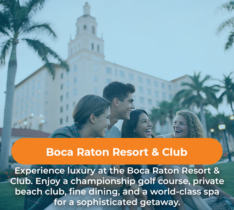 Group of friends at Boca Raton Resort & Club, enjoying golf, a beach club, fine dining, and spa.