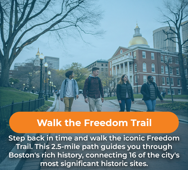 Group walks along a path toward a historic building, advertising the Freedom Trail in Boston.