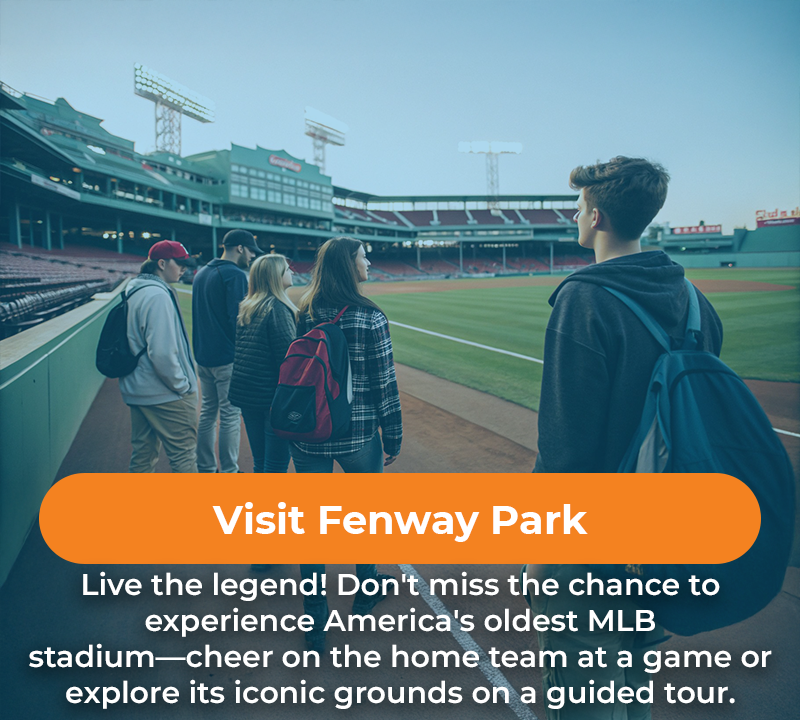 Group of people visiting Fenway Park; orange text: 