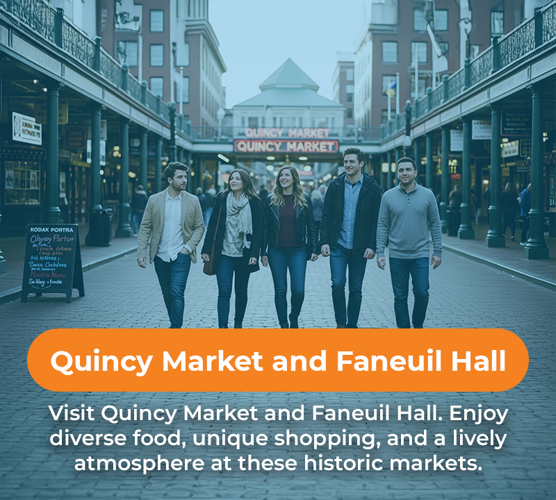 People walking down Quincy Market street with text: Quincy Market and Faneuil Hall.