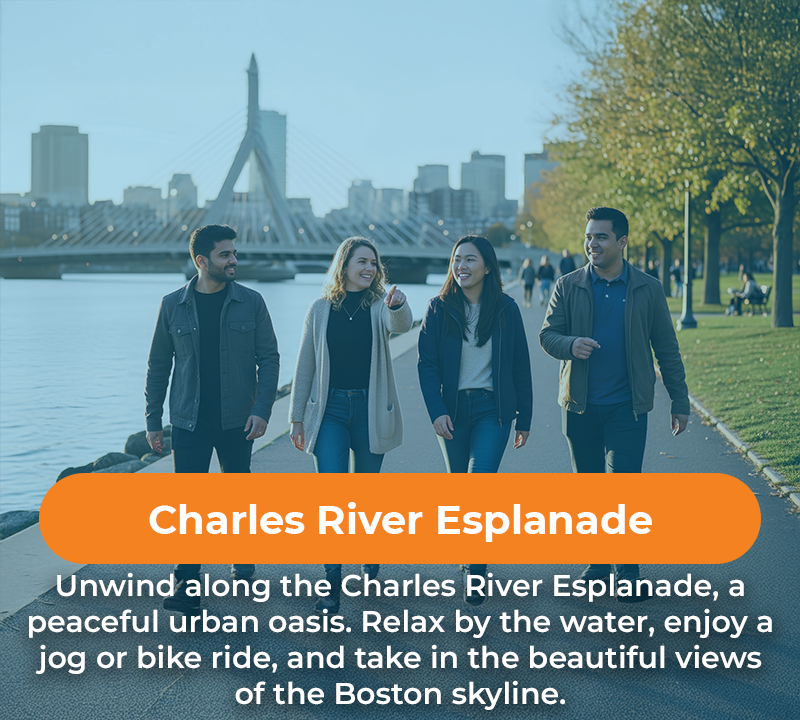 Four people walking along the Charles River Esplanade with the Boston skyline in the background.