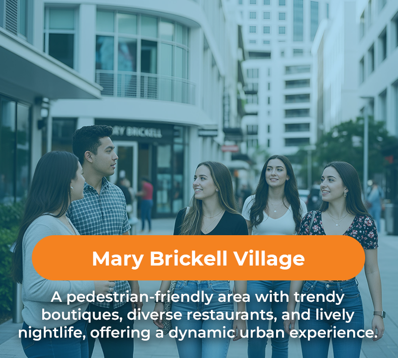 Group of people walking in Mary Brickell Village, a pedestrian area with shops and restaurants.