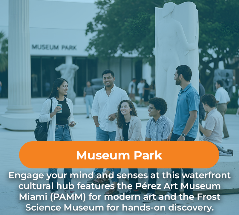 People at Museum Park, in front of Pérez Art Museum Miami. Text: waterfront cultural hub.