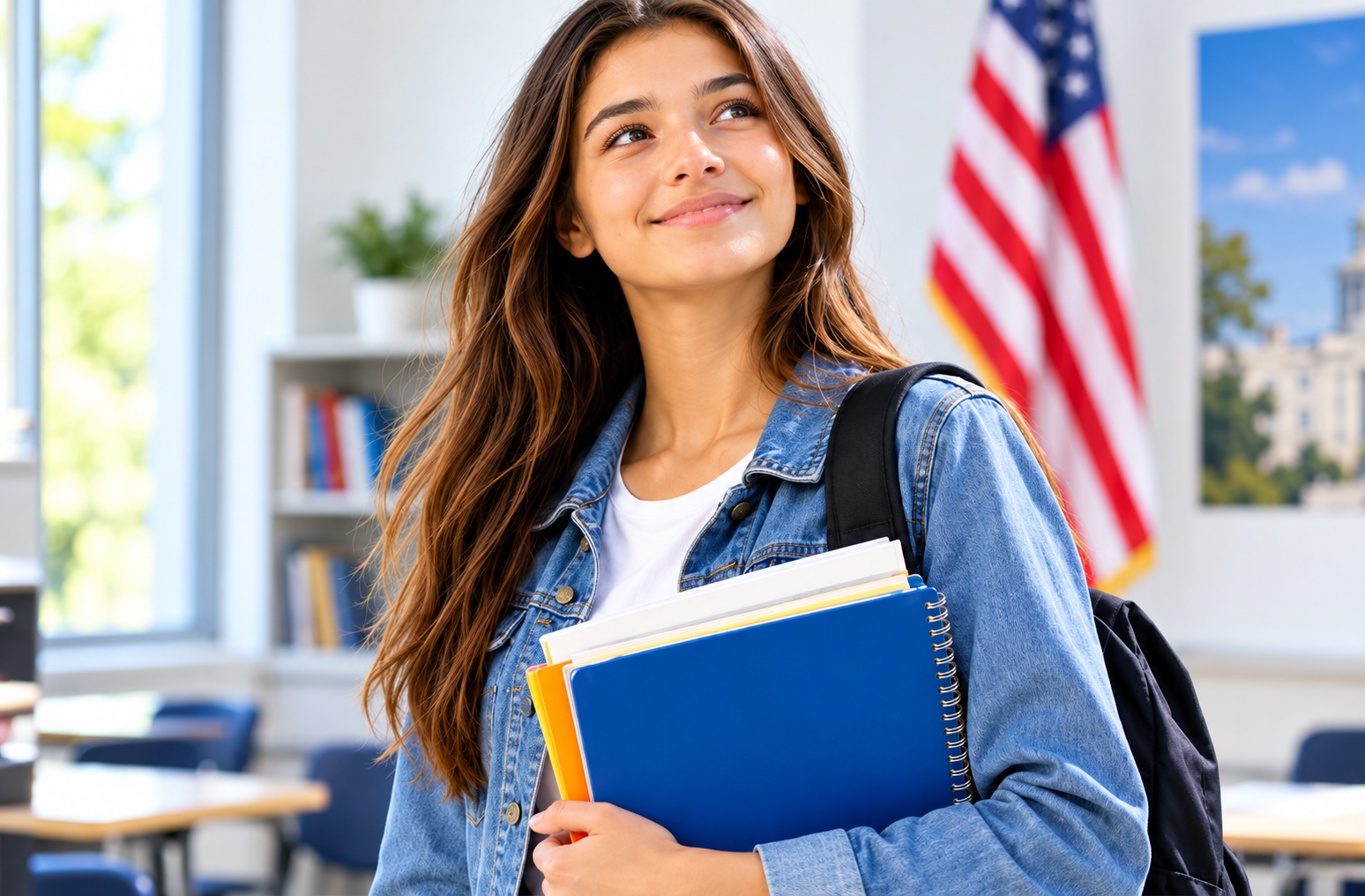 Student holding notebooks in a bright classroom, smiling and looking upward, with an American flag in the background