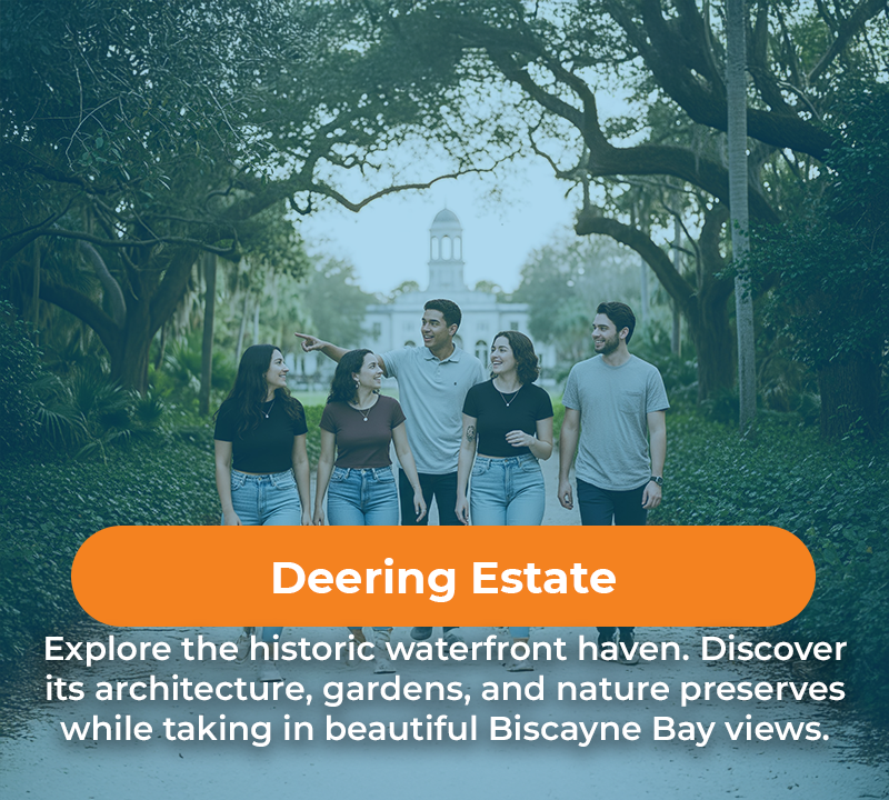 Group of friends walking toward a historic waterfront building at Deering Estate.