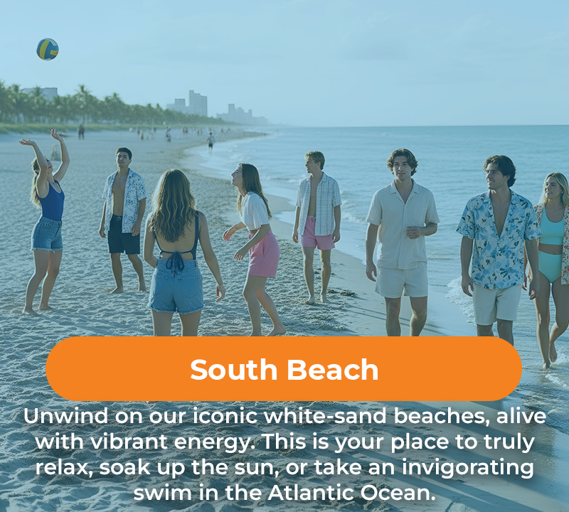 People playing volleyball on a white-sand beach with a city skyline in the background. South Beach text is in an orange box.