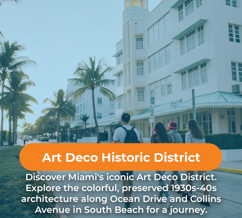 People walking past Art Deco buildings in Miami's South Beach. Text overlay promotes the historic district.