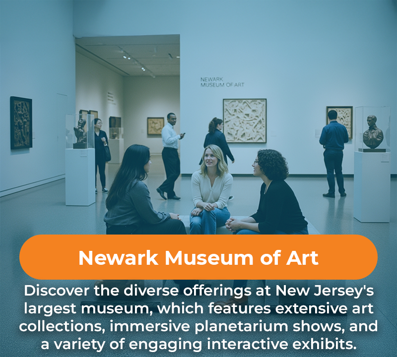 People in art gallery; Newark Museum of Art advertising museum's offerings.