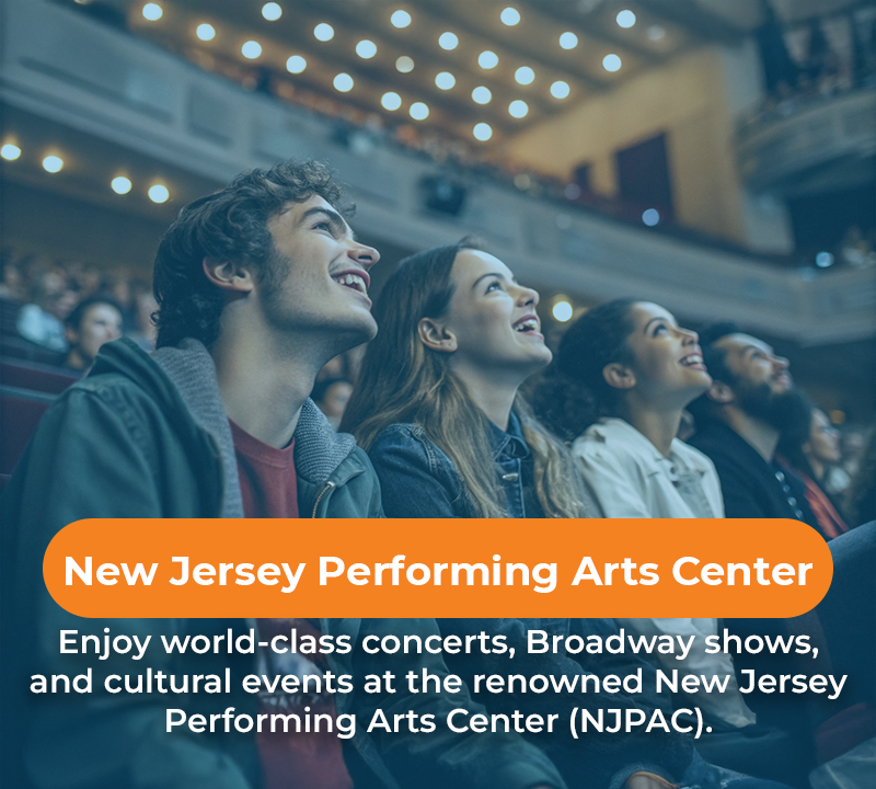 People in an auditorium looking up. Orange text promotes New Jersey Performing Arts Center.