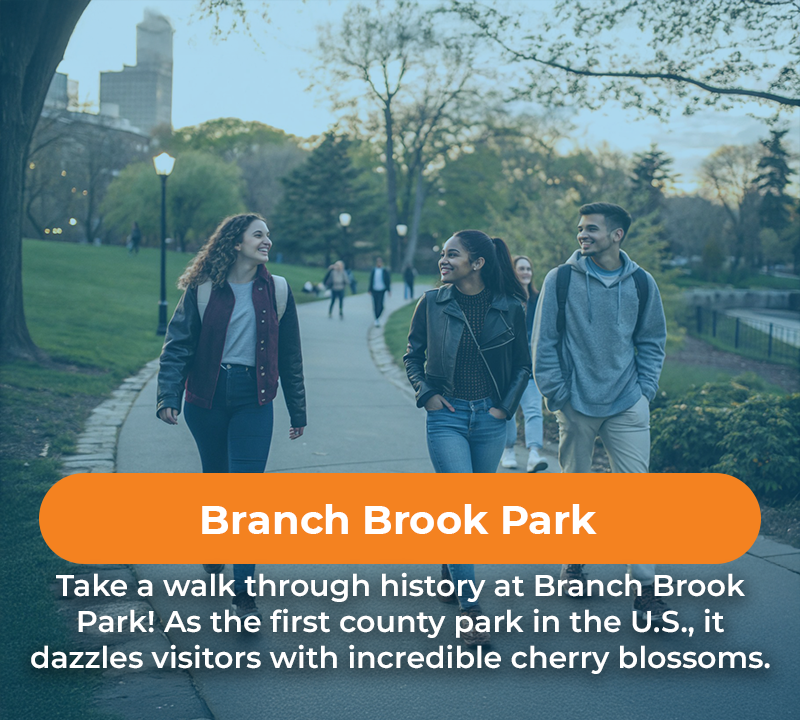People walking on a path in Branch Brook Park. Text says it is the first county park and known for cherry blossoms.