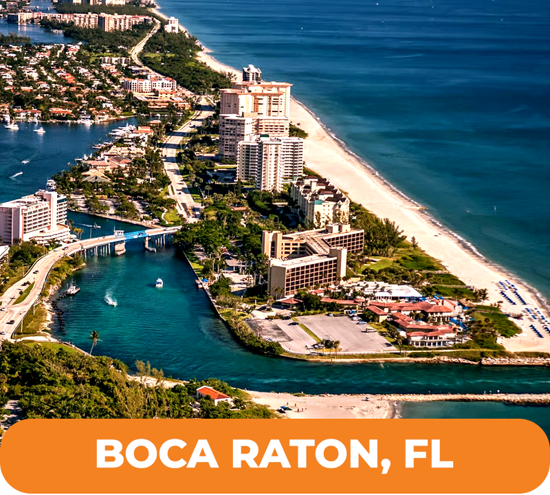 Aerial view of Boca Raton, Florida, with buildings, water, beaches, and text overlay.