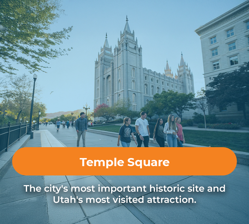 Temple Square, Salt Lake City. People walking in front of the historic temple.