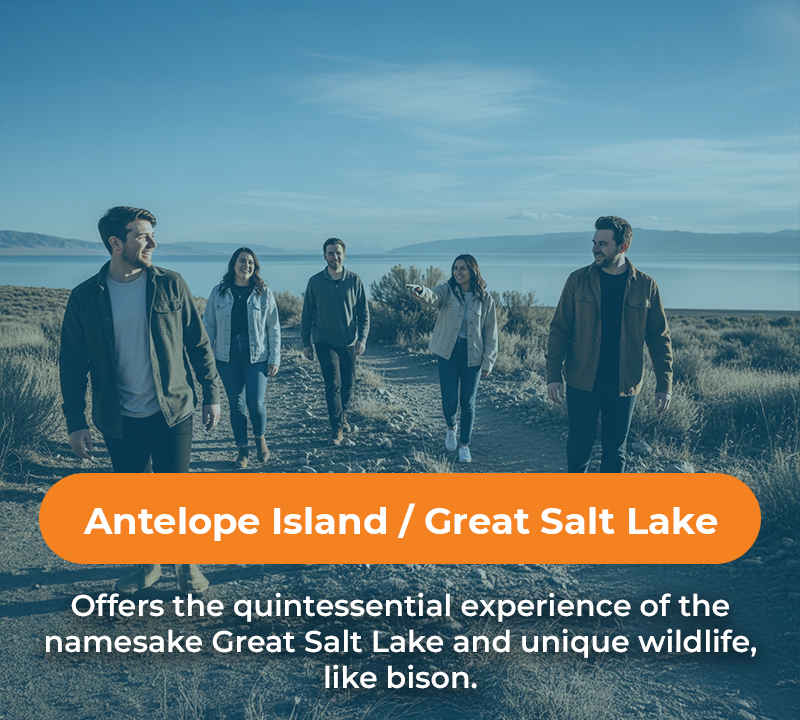 Group of people walking on a path near Great Salt Lake; text reads 