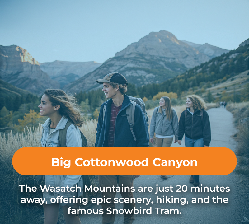 Group hiking in Big Cottonwood Canyon, Utah. Mountains in the background, text overlay promoting outdoor activities.