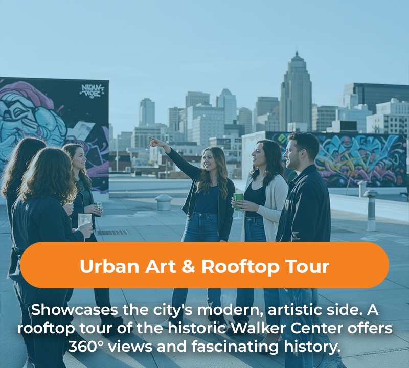 Group on rooftop art tour, pointing to city skyline. Orange text: 