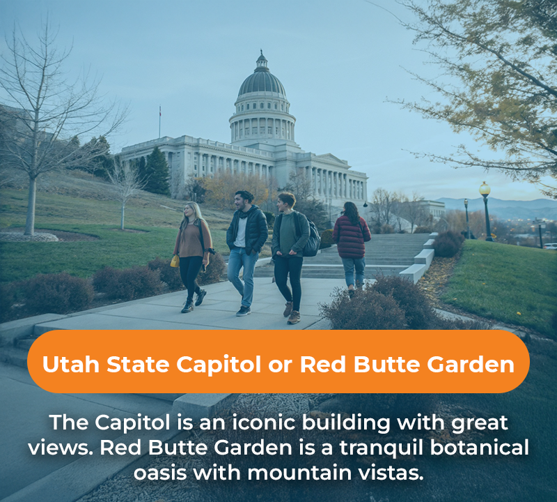 Group of people walking on a path toward the Utah State Capitol building. Orange text provides descriptions.