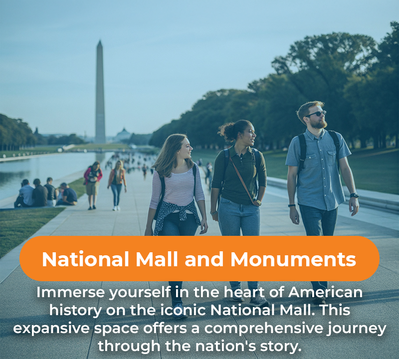 Three people walking on the National Mall with the Washington Monument in the background.