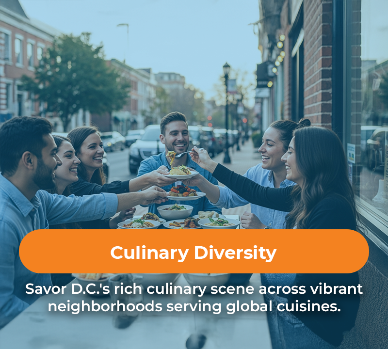 Friends at outdoor table sharing food in a city. Text: Culinary Diversity.