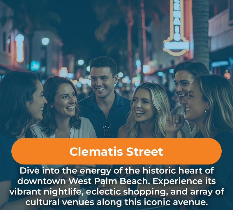 Friends on Clematis Street in West Palm Beach, Florida, at night. They smile while enjoying the vibrant nightlife.