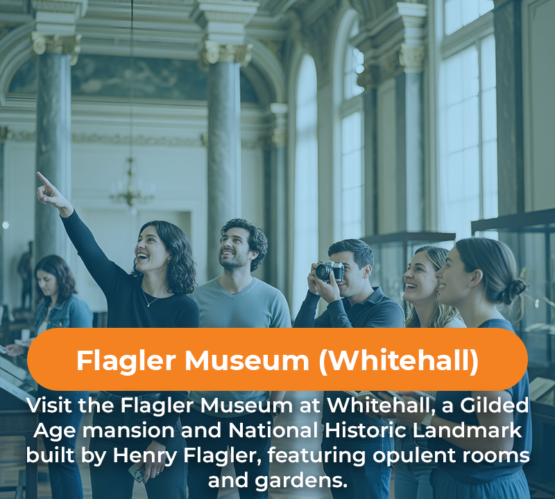 People touring Flagler Museum, a mansion. Person points upward; others look at the ceiling.